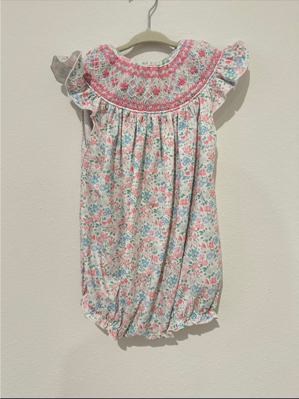 Smocked Floral Baby bubble Romper in Pink & Blue